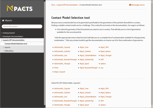 Contact model selector tool in the redesigned documentation Contact model selector tool in the redesigned documentation